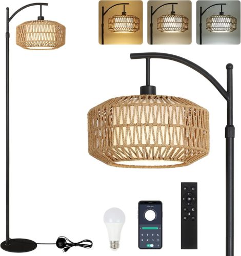 Lampă de podea Rayofly Rattan - Cu telecomandă, Controlabilă prin aplicație, Boemă, pentru Living, Dormitor și Birou, Cadru metalic negru, LED