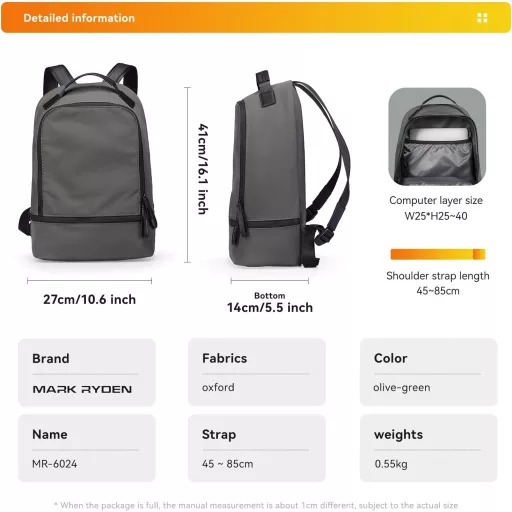 Rucsac Unisex Mark Ryden cu Compartiment Laptop - Impermeabil, cu Fermoare YKK, Geantă de Oraș pentru Școală, Muncă - Rucsac Ușor, Durabil Gri Deschis