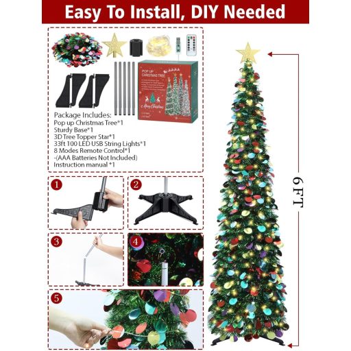 Vianočný stromček HMASYO z borovice, 180 cm, s časovačom, 100 LED svetlami, diaľkovým ovládaním a napájaním cez USB