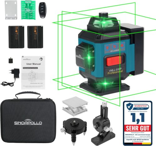 SinoApollo Kompakt 4D 16-Vonalas Zöld Lézerszintező, Önbeálló 4×360° Keresztvonalas Lézer Építkezéshez és Képakasztáshoz, 2 db Újratölthető 