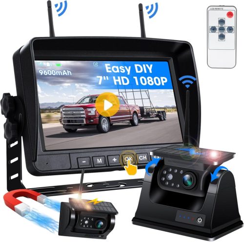 Vezeték nélküli tolatókamera 7" monitorral - Napelemes, mágneses, 9600 mAh akkumulátor, 1080P éjjellátó, autóhoz, lakókocsihoz, teherautóhoz