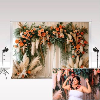   Kate Boho Íves Virágos Fotóháttér 2,2x1,5m Művészi Virágfüggöny Pampafűvel Esküvői Fotózáshoz Stúdió Kellék