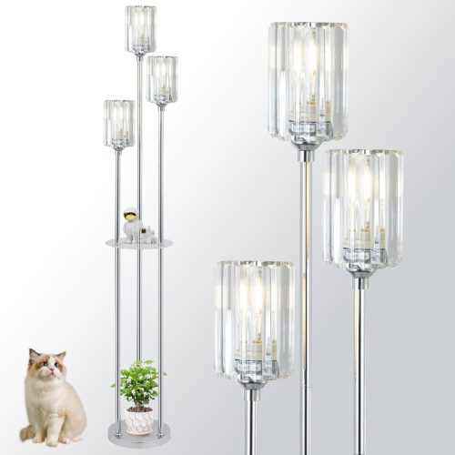 Lampadar Crom Rayofly cu Raft – 3 Becuri Vintage cu Abajur din Sticlă, Lampă de Podea cu Comutator la Picior – Lampadar Modern cu Cristale pentru Living, Dormitor