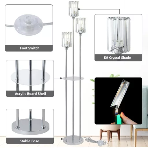 Lampadar Crom Rayofly cu Raft – 3 Becuri Vintage cu Abajur din Sticlă, Lampă de Podea cu Comutator la Picior – Lampadar Modern cu Cristale pentru Living, Dormitor