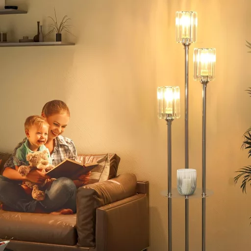 Rayofly Króm Állólámpa Polccal - 3 Izzós Vintage Üveg Lámpaernyős Padlólámpa Lábkapcsolóval - Modern Kristály Állólámpa Nappaliba, Hálószobá