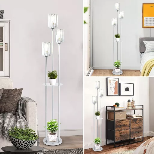 Rayofly Króm Állólámpa Polccal - 3 Izzós Vintage Üveg Lámpaernyős Padlólámpa Lábkapcsolóval - Modern Kristály Állólámpa Nappaliba, Hálószobá
