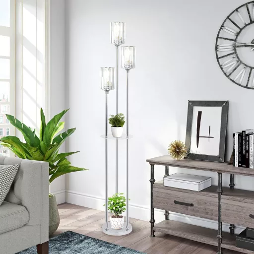 Lampadar Crom Rayofly cu Raft – 3 Becuri Vintage cu Abajur din Sticlă, Lampă de Podea cu Comutator la Picior – Lampadar Modern cu Cristale pentru Living, Dormitor