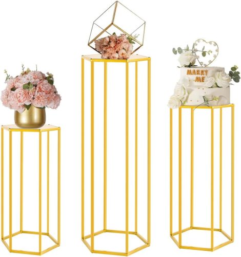 Set 3 suporturi pentru flori LANLONG, cilindru auriu, 50cm 80cm 100cm înălțime, masă decorativă metalică pentru nuntă, evenimente, petreceri