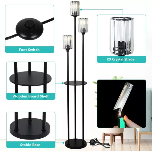 Rayofly Moderná stojacia lampa do obývačky - 3-žiarovková čierna stojacia lampa s poličkami, kryštálovým skleneným tienidlom a nožným spínačom do spálne, kancelárie.