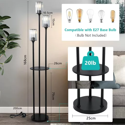 Rayofly Moderná stojacia lampa do obývačky - 3-žiarovková čierna stojacia lampa s poličkami, kryštálovým skleneným tienidlom a nožným spínačom do spálne, kancelárie.