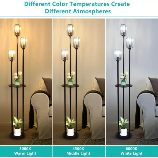 Rayofly Modern Állólámpa Nappaliba - 3 Izzós Fekete Állólámpa Polcokkal, Kristály Üveg Lámpaburával és Lábkapcsolóval Hálószobába, Irodába