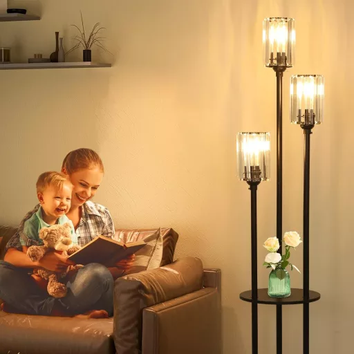 Rayofly Moderná stojacia lampa do obývačky - 3-žiarovková čierna stojacia lampa s poličkami, kryštálovým skleneným tienidlom a nožným spínačom do spálne, kancelárie.