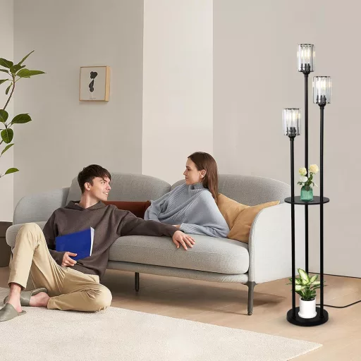 Rayofly Moderná stojacia lampa do obývačky - 3-žiarovková čierna stojacia lampa s poličkami, kryštálovým skleneným tienidlom a nožným spínačom do spálne, kancelárie.