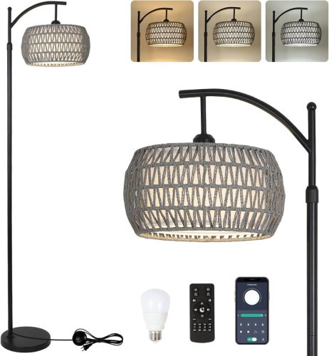 Lampă de podea Rayofly cu telecomandă - Lampă de living din ratan cu control prin aplicație, cu abajur din in în stil boem, iluminat vintage pentru dormitor