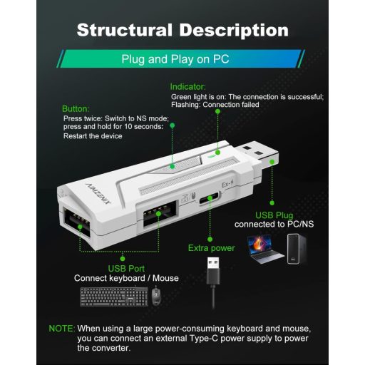 Megadream AX200 Egér és Billentyűzet Adapter PC-hez - MnK Konverter FPS Játékokhoz