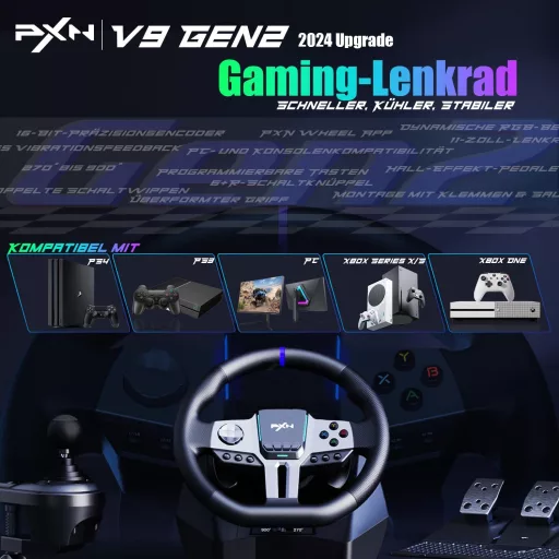PXN V9 Gen2 Gaming Kormány 270°-900° H-váltóval Hall Effect Pedállal PC Xbox PS4