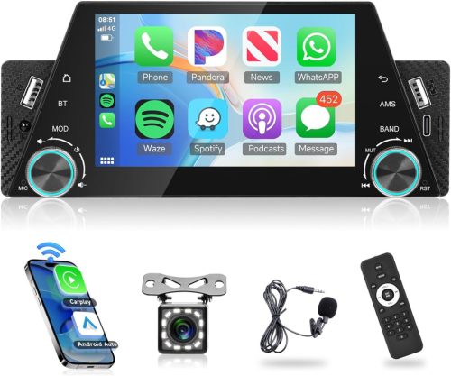 Vezeték nélküli Carplay autórádió 1 DIN Android tükrözéssel, 5" kijelzővel, Bluetooth kihangosítóval, FM rádióval, tolatókamerával 