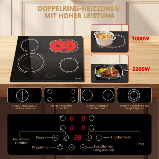 Disaenvir 4 égőfejes üvegkerámia főzőlap 6600W, dupla gyűrű, 9 fokozat, időzítő