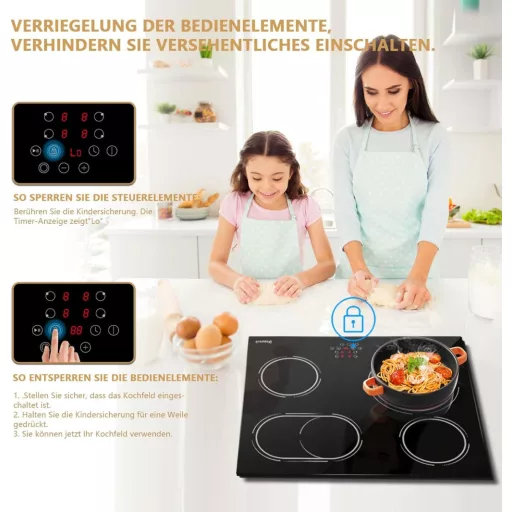 Disaenvir 4 égőfejes üvegkerámia főzőlap 6600W, dupla gyűrű, 9 fokozat, időzítő
