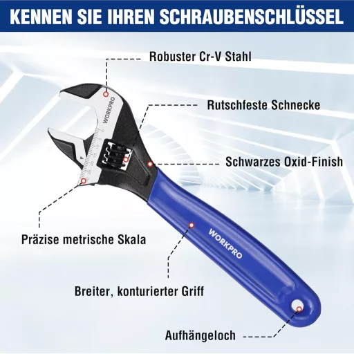 Cheie reglabilă WORKPRO 200mm, oțel Cr-V, mâner bimaterial