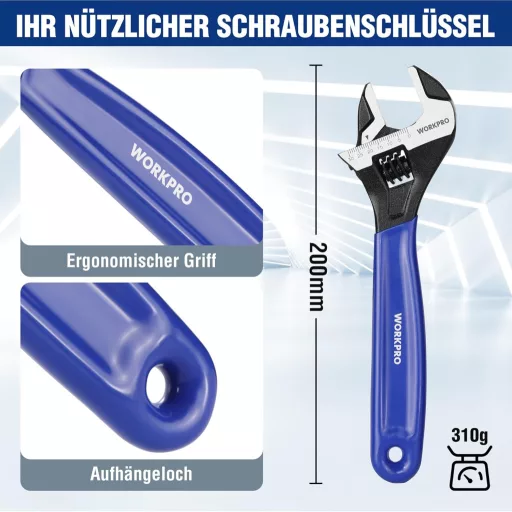 Cheie reglabilă WORKPRO 200mm, oțel Cr-V, mâner bimaterial