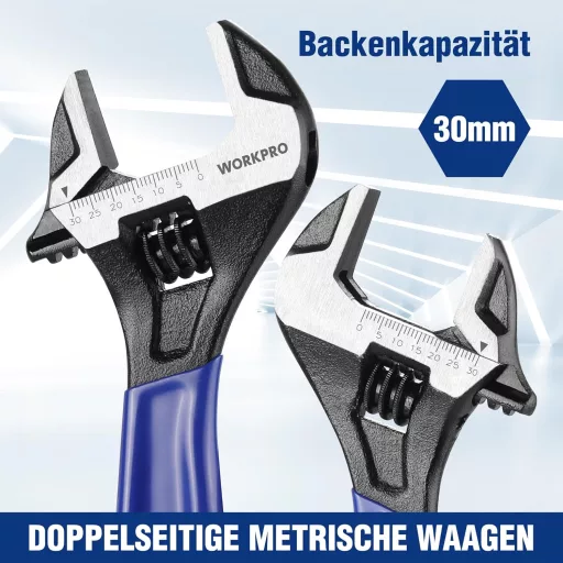 Cheie reglabilă WORKPRO 200mm, oțel Cr-V, mâner bimaterial
