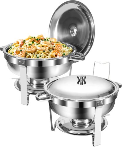 WENMILY Rozsdamentes Acél Ételmelegítő Szett 5L - 2 db Kerek Ezüst Chafing Dish Tálalóedény Gördülő Élekkel - Partikra, Büfékre, Rendezvénye