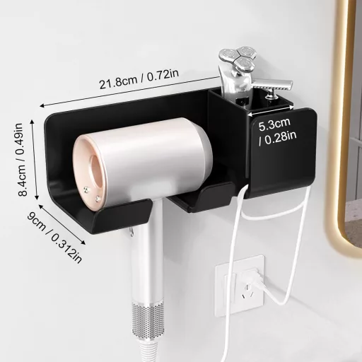 Samolepiaci držiak na sušič vlasov FINEASY bez vŕtania, s úložným priestorom do kúpeľne