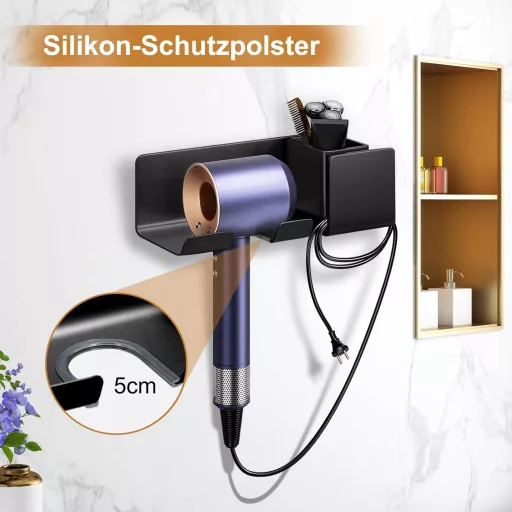 Samolepiaci držiak na sušič vlasov FINEASY bez vŕtania, s úložným priestorom do kúpeľne