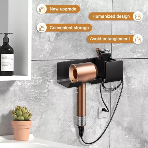 Samolepiaci držiak na sušič vlasov FINEASY bez vŕtania, s úložným priestorom do kúpeľne