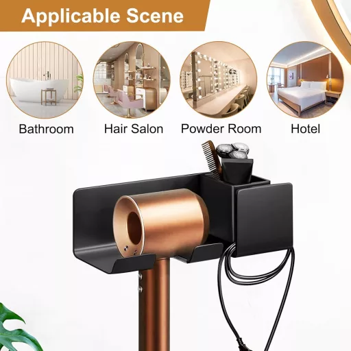 Samolepiaci držiak na sušič vlasov FINEASY bez vŕtania, s úložným priestorom do kúpeľne