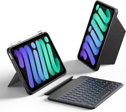 HOU Bluetooth Billentyűzetes Tok iPad Mini 6 (2021) 8.3" Tablethez - 150° Mágnesesen Levehető, Ütésálló Védőtok USB-C Töltéssel, Fekete