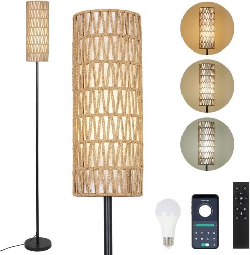 Lampă de podea Rayofly din ratan - Cu telecomandă, controlabilă prin aplicație, lampă neagră în stil boem pentru iluminatul livingului și dormitorului, cu bec LED.