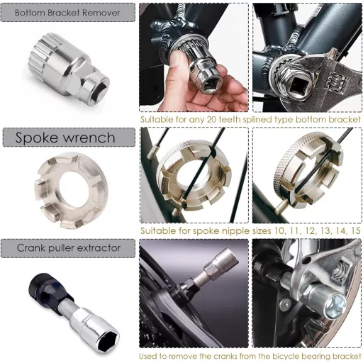 Set de scule pentru bicicletă NCYDMTL, 8 piese - Extractor de pinioane, extractor de brațe pedalier, desfăcător de lanț și set de chei pentru spițe, pentru repararea bicicletei