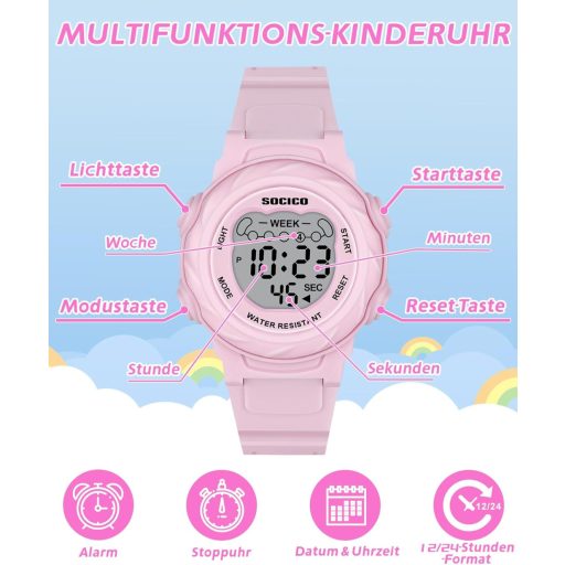 Ceas digital pentru copii SOCICO, rezistent la apă 5ATM, lumină în 7 culori, alarmă, cronometru, 5-12 ani