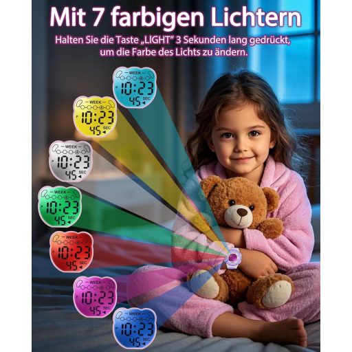 Ceas digital pentru copii SOCICO, rezistent la apă 5ATM, lumină în 7 culori, alarmă, cronometru, 5-12 ani