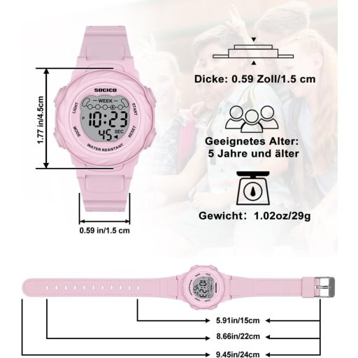 Ceas digital pentru copii SOCICO, rezistent la apă 5ATM, lumină în 7 culori, alarmă, cronometru, 5-12 ani