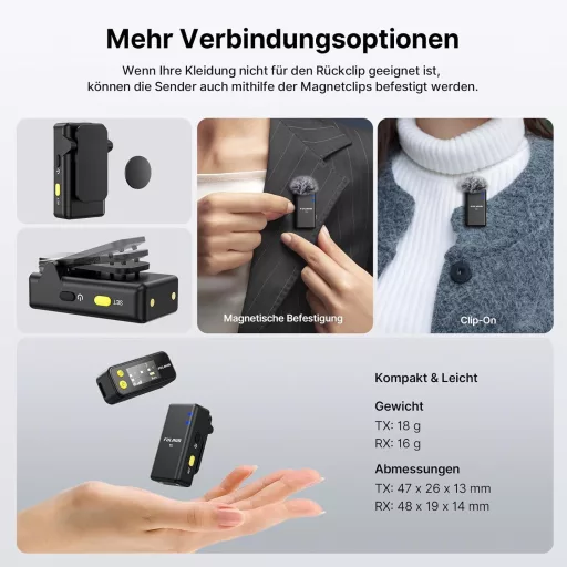 FULAIM X5M Vezeték Nélküli Mikrofon iPhone Android PC DSLR Kamerához Mini Clip-on Mikrofon 4G Felvétellel Videózáshoz Podcasthoz