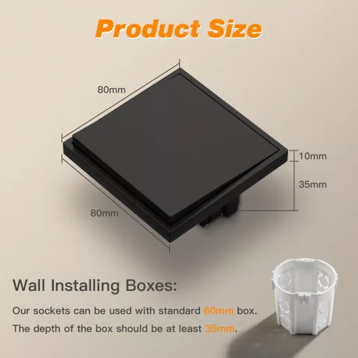 Întrerupător Electric Îngropat MVAVA M2 - Comutator Unipolar Negru de Perete 80x80mm, 10A, 250V, Design Modern pentru Living, Bucătărie, Baie