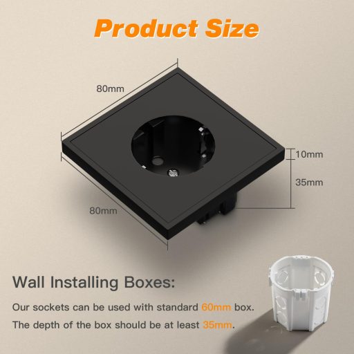 MVAVA EU Priza Schuko Standard - Priza de Perete Neagră, Încastrată, 80mm, 16A, 3680W, Pentru Frigider, TV, Aer Condiționat