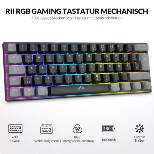 Rii 60% Wireless Mechanikus Gaming Billentyűzet RGB, Red Switch, QWERTZ, Fekete/Szürke