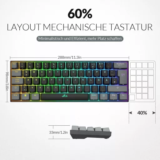 Rii 60% Wireless Mechanikus Gaming Billentyűzet RGB, Red Switch, QWERTZ, Fekete/Szürke