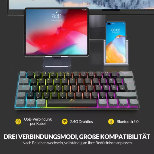 Rii 60% Wireless Mechanikus Gaming Billentyűzet RGB, Red Switch, QWERTZ, Fekete/Szürke