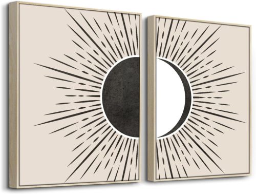 Tablou cu Ramă din Lemn Boho - Soare și Lună, Linii Negre Abstracte cu Model Geometric Bej, Decor de Perete Nordic Modern pentru Living, Ha