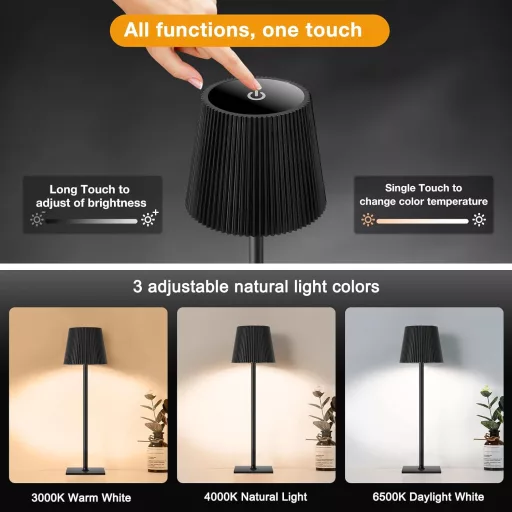 Lampă de masă LED Riokko, baterie 5200 mAh, control tactil, 3 temperaturi de culoare, rezistentă la apă IP54, 2 bucăți, negru