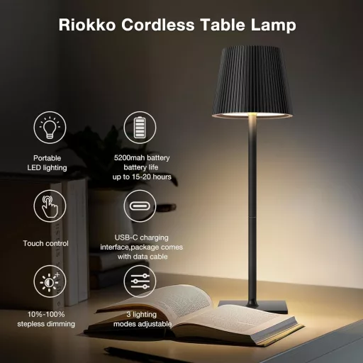 Lampă de masă LED Riokko, baterie 5200 mAh, control tactil, 3 temperaturi de culoare, rezistentă la apă IP54, 2 bucăți, negru