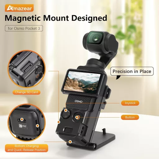 Suport magnetic AMAZEAR DJI Osmo Pocket 3, adaptor rotativ 180° pentru masă și montare pe perete