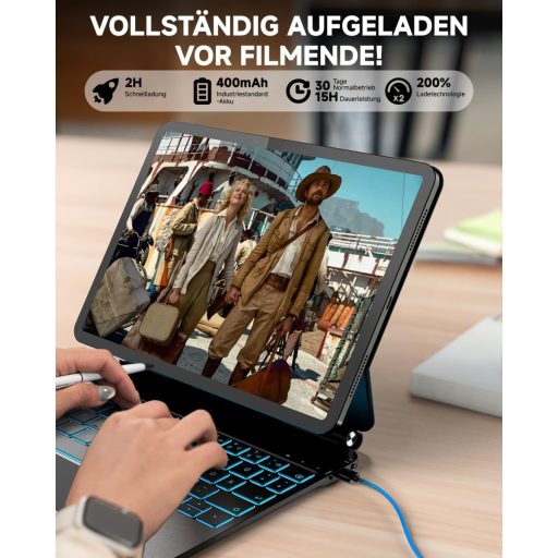 Nuflaz X7 Billentyűzetes Tok iPad Air 11" (M2/M3) és Pro 11" (1-4. gen) Tabletekhez - QWERTZ Német Kiosztás, Trackpaddel, Mágneses Rögzítés,