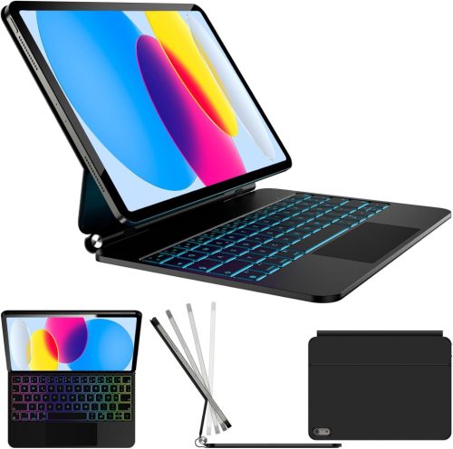 Nuflaz iPad 10 (2022) & iPad 11 A16 (2025) Billentyűzetes Tok - QWERTZ Német Kiosztás, Mágneses Lebegő Dizájn, Érintőpad, RGB Háttérvilágítá