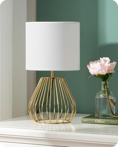 EDISHINE Moderná nočná lampa s bielym látkovým tienidlom a zlatou kovovou základňou, s LED žiarovkou E14, do spálne, obývačky